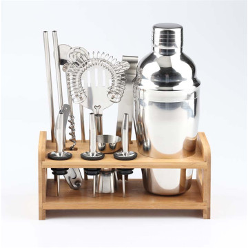 Amazon Hot 13 in 1 Bar Tool 550ml/750ml Stainless Steel  Cocktail Shaker Bartender Set Bartender Kit  with Wood Stand